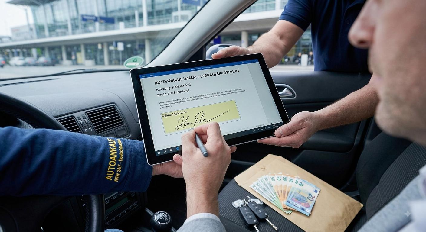 Kaufvertrag von Autoankauf NRW 24/7 mit Fahrzeugschlüssel und Abmeldebestätigung