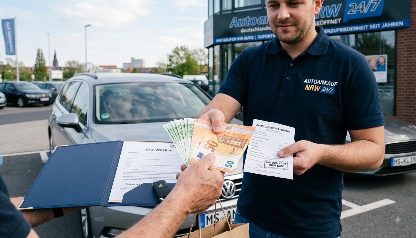 Bargeld, Zahlungsbestätigung und Kaufvertrag in einem Termin – Autoankauf NRW 24/7