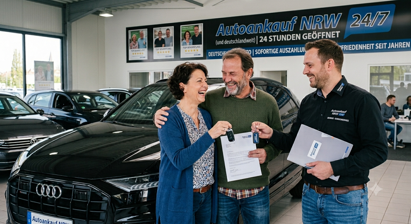 Zufriedene Verkäufer nach der Vertragsunterschrift – Autoankauf NRW 24/7